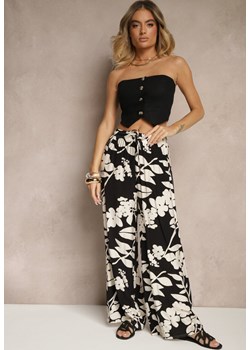 Czarne Szerokie Spodnie z Wiskozy High Waist w Kwiatowy Wzór Elaneora ze sklepu renee.pl w kategorii Spodnie damskie - zdjęcie 181994210